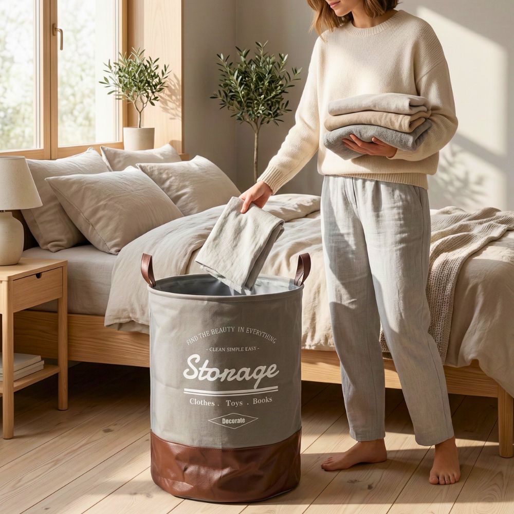 Round Foldable Laundry Basket with Leather Base – 60L