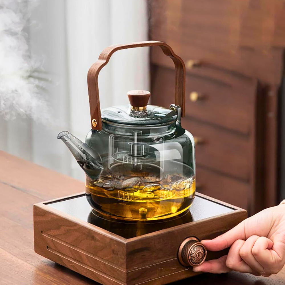 Borosilicate Glass Teapot – Smokey Grey 1000 ML, Heat-Resistant with Acica Wooden Handle & Strainer – Compatible with Electric Stoves