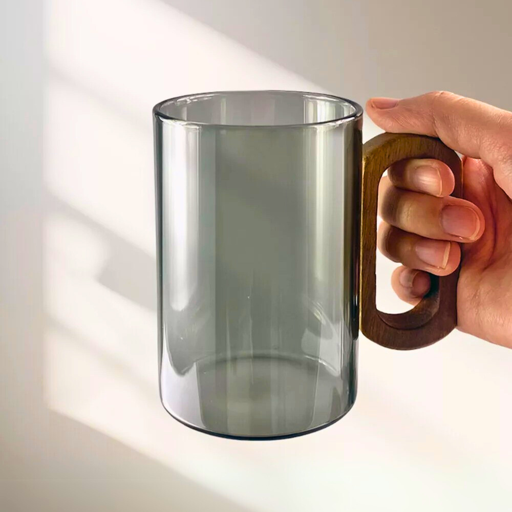 Smoky Grey Borosilicate Glass Mugs with Walnut Acacia Wooden Handle – 350ML (Set of 2)
