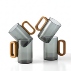 Smoky Grey Borosilicate Glass Mugs with Wooden Handle 350ML – Set of 2