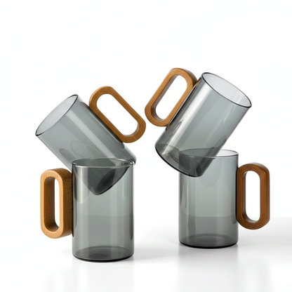 Smoky Grey Borosilicate Glass Mugs with Walnut Acacia Wooden Handle – 350ML (Set of 2)