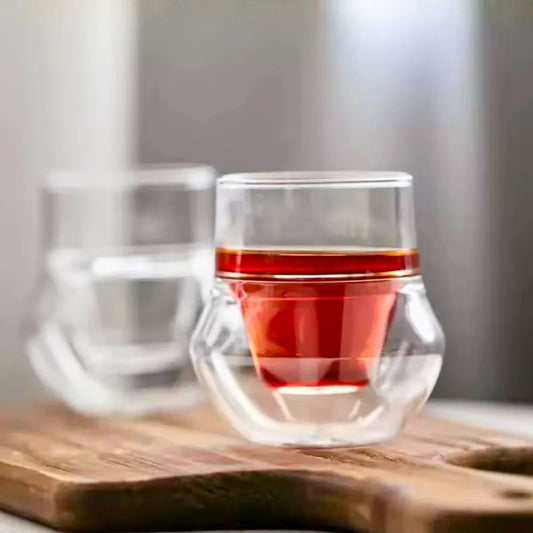 1CHASE Double Wall Insulated Coffee Glass Cup Set, 100ml, Borosilicate Heat Resistant, Modern Curved Design for Hot and Cold Beverages, 2 Piece