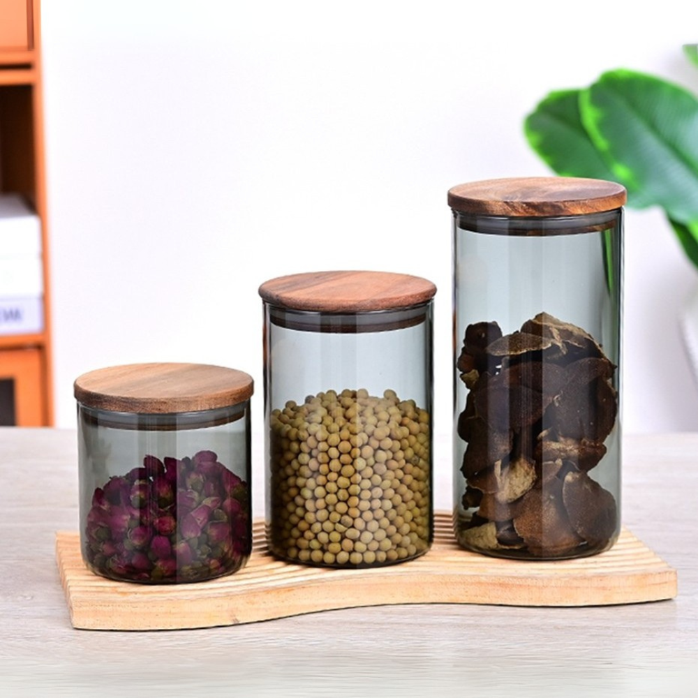 Borosilicate Glass Storage Jar Smoky Grey - (Set of 3) | Airtight Food Container with Acacia Wooden Lid | Durable & Stylish Kitchen Storage 600ML, 900ML, 1300ML