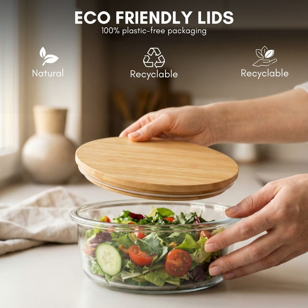 Borosilicate Round Glass Food Storage Containers with Bamboo Lids, 3 Sizes 400ML 650ML 1000ML, Airtight BPA-Free Meal Prep & Lunch Boxes, Reusable Plastic-Free Containers