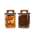 Square Glass Storage Jars with Acacia Wood Lids – Set of 2 (1100ml) Airtight Food Storage Containers with Handles for Pantry, Pasta, Oats, Flour, Cookies, Coffee, Rice & More