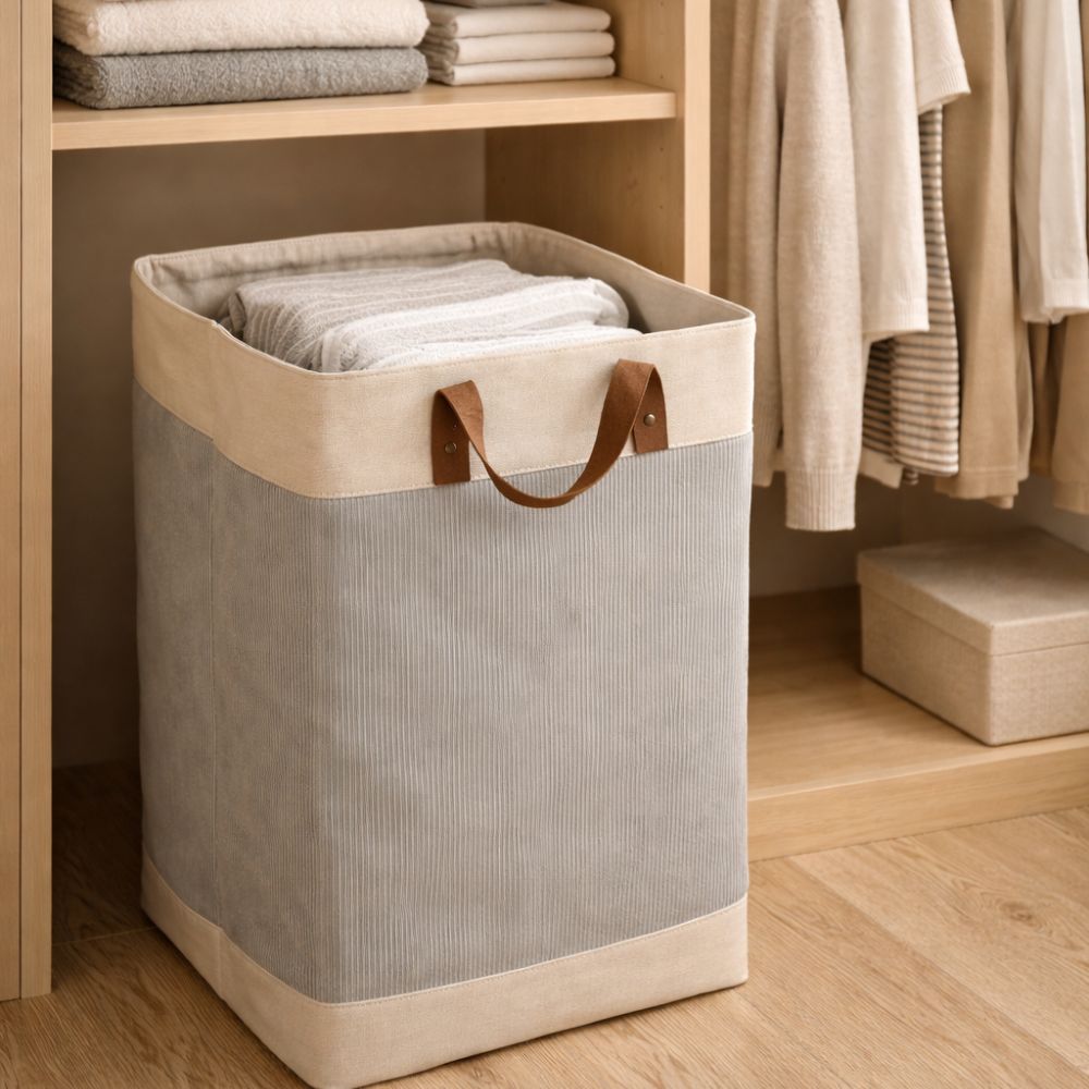Foldable Velvet Laundry Basket 60L (55x35x30cm) with Leather Handles – Natural Jute Style Storage Bin for Clothes, Blankets & Home Organization