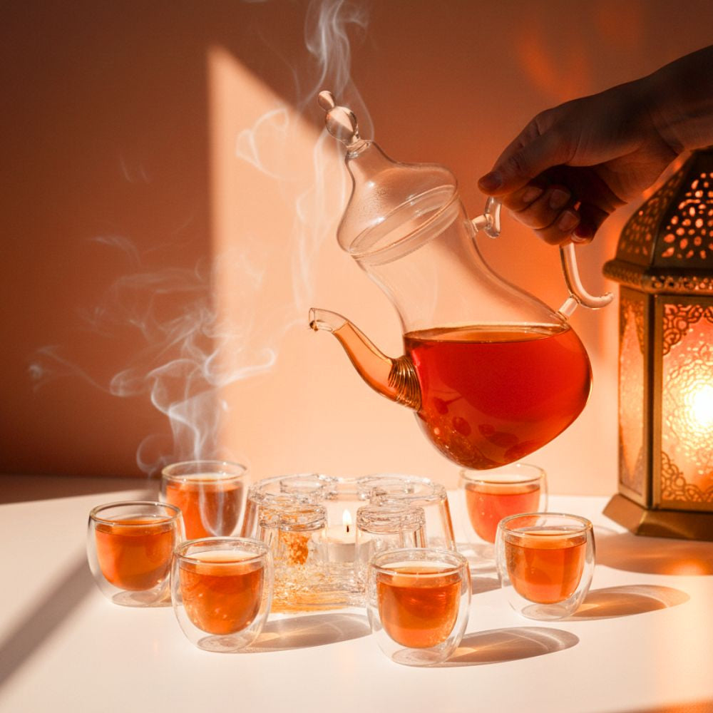 Arabic Tea Set – 1000ml Borosilicate Glass Teapot with Heart-Shaped Warmer & 6Pc 80ml Tea Cups – Heat-Resistant, Elegant Present for Ramadan & Special Occasions