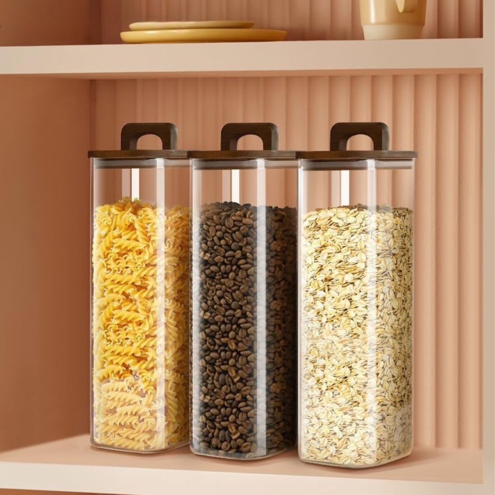 Square Glass Storage Jars with Acacia Wood Lids – Set of 2 (1800ml) Large Pantry Containers with Handle Lids for Pasta, Oats, Flour, Cookies, Coffee, Rice & More