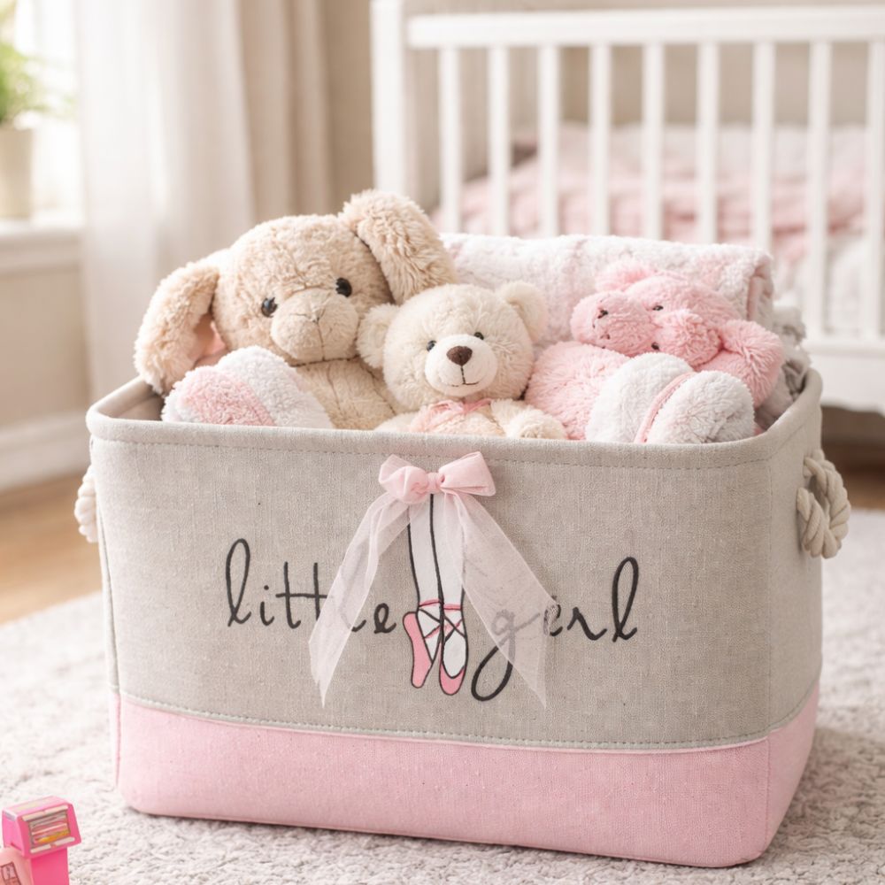 Kids Ballet Bow Rectangular Storage Basket 50L (40x28x24cm) – Foldable Canvas Toy & Laundry Organizer with Rope Handles for Nursery, Bedroom & Playroom