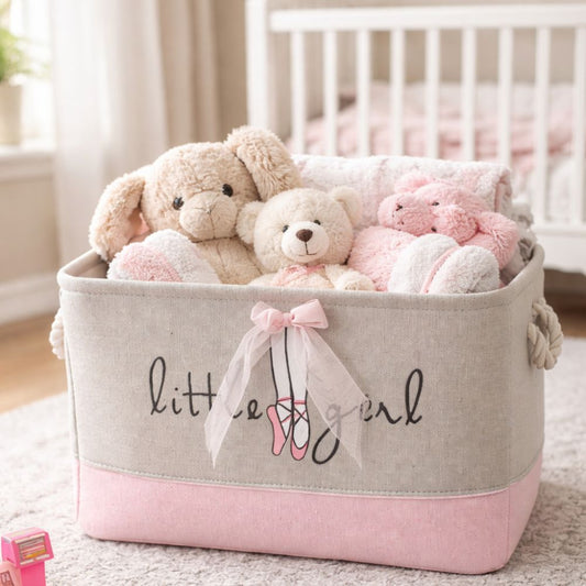 Kids Ballet Bow Rectangular Storage Basket 50L (40x28x24cm) – Foldable Canvas Toy & Laundry Organizer with Rope Handles for Nursery, Bedroom & Playroom