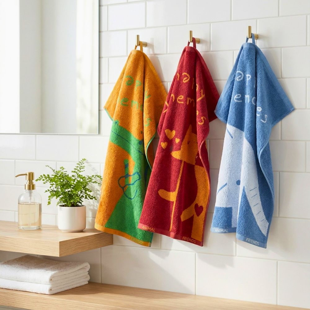 Kids Hand Towel Set 3PCS – 100% Cotton Soft & Absorbent Face Towels, Hippo Giraffe Deer Animal Design Towels for Kids, Baby & Daily Use