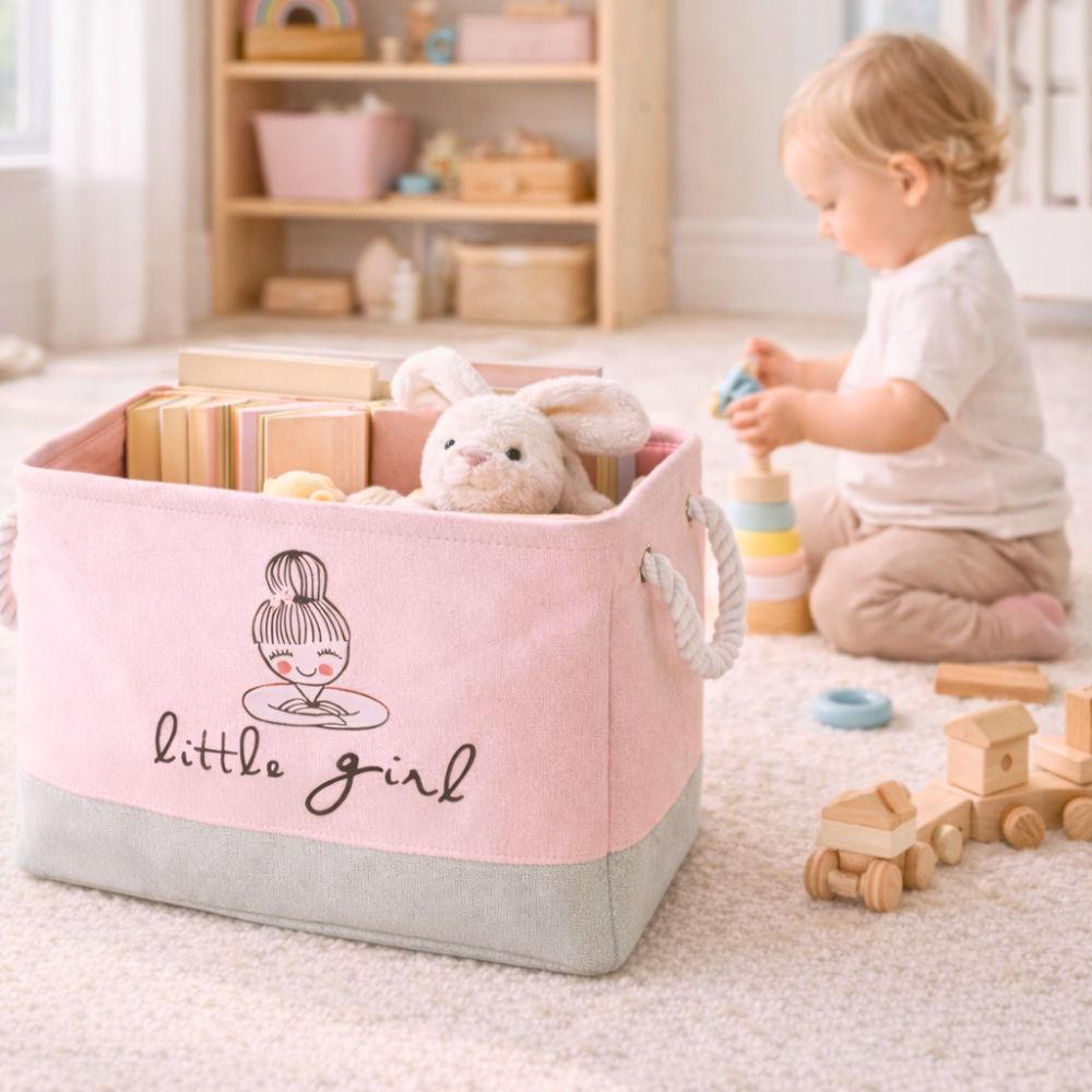 Kids Ballet Bow Rectangular Storage Basket 50L (40x28x24cm) – Foldable Canvas Toy & Laundry Organizer with Rope Handles for Nursery, Bedroom & Playroom