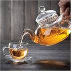 Glass Tea Set - Glass 600ml Teapot With Round Tea Warmer and 100 ML 4 Tea Cups With Saucer