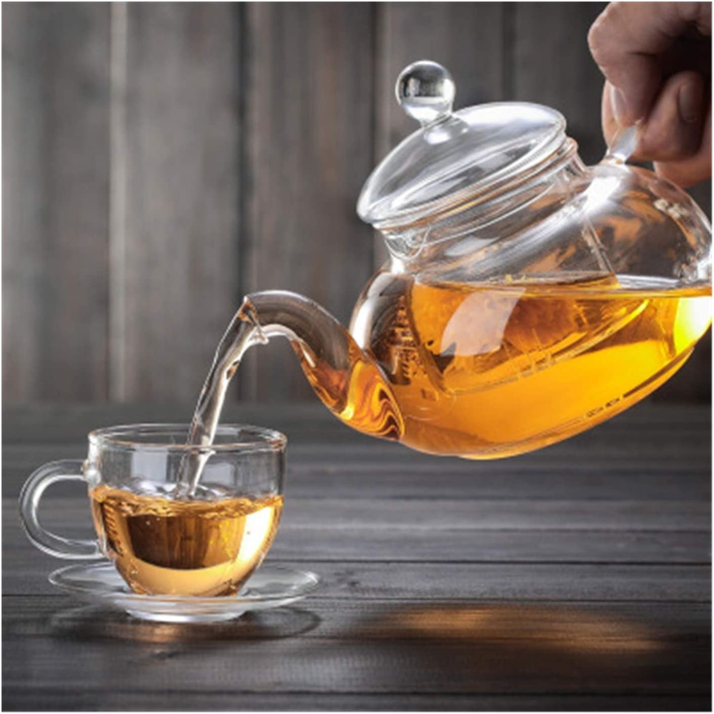 Glass Tea Set - Glass 600ml Teapot With Round Tea Warmer and 100 ML 4 Tea Cups With Saucer