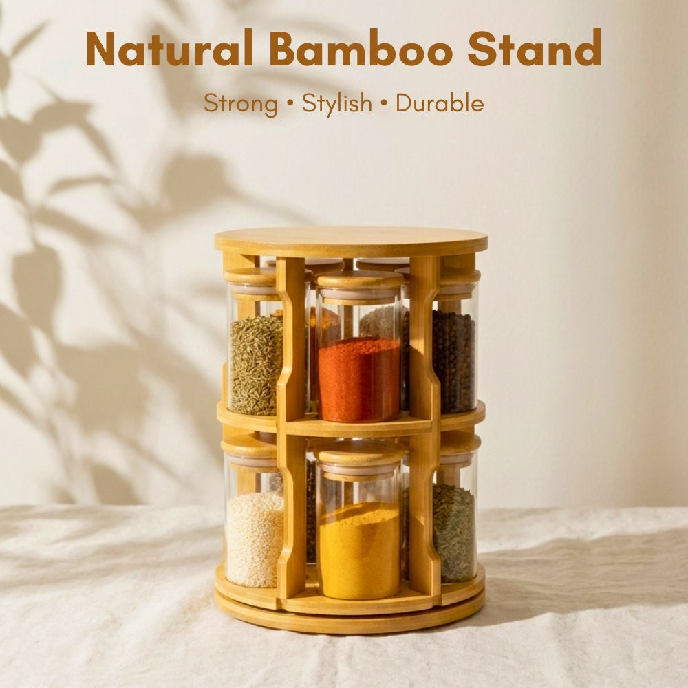 Rotating Bamboo Tabletop Spice Rack with 10 Glass Jars, 360° Swivel Organizer with Wooden Lids for Kitchen Counter, Herbs, Spices & Seasonings