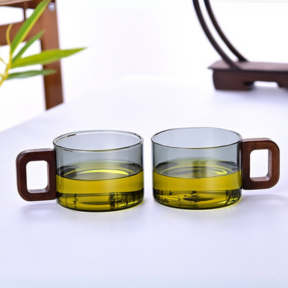 Borosilicate Glass Cups – Smoky Grey (Set of 4) | 200ml | Walnut Acacia Wooden Handle | Heat-Resistant & Elegant Glassware for Tea, Coffee & More