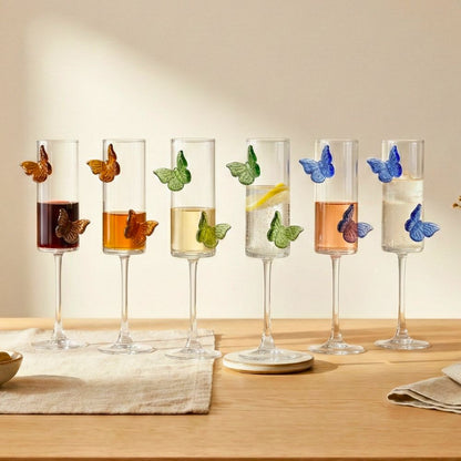 Butterfly Champagne Glass Set of 6, 180ML Flute Shape Wine Glasses with Sapphire, Emerald & Amber Butterfly Design, Elegant Glassware for Champagne, Red & White Wine