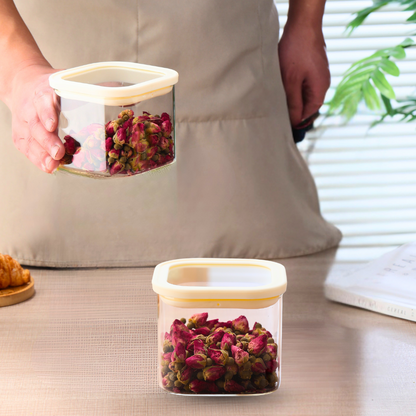 1CHASE Square Glass Storage Jars – 900ML (Set Of 2) | Airtight & Stackable Borosilicate Food Storage Jars with Silicone Lids for Kitchen, Pantry, Snacks, Spices & Dry Food