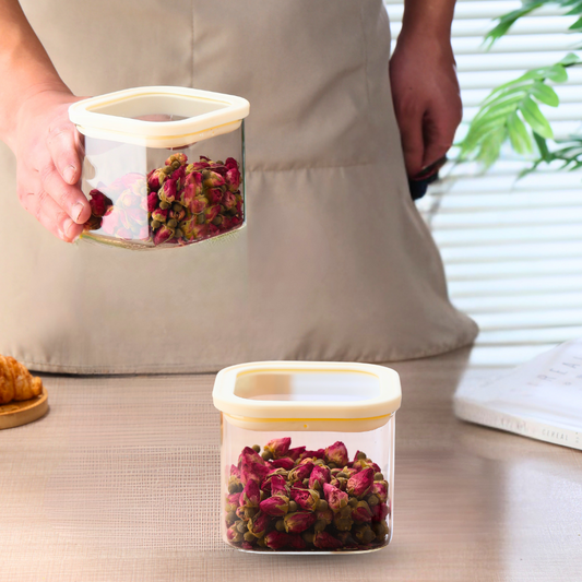 1CHASE Square Glass Storage Jars – 900ML (Set Of 2) | Airtight & Stackable Borosilicate Food Storage Jars with Silicone Lids for Kitchen, Pantry, Snacks, Spices & Dry Food