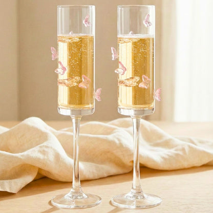 Champagne Flute Glasses with Butterfly Design, 180ML Elegant Stemware Set of 2, Clear Glass Sparkling Wine & Prosecco Glasses for Celebrations
