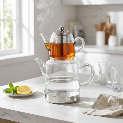 Borosilicate Glass Turkish Tea Maker Set (Çaydanlık), 450ML Teapot & 1500ML Kettle, Heat-Resistant Tea Set for Gas & Electric Stove, Traditional Caydanlik