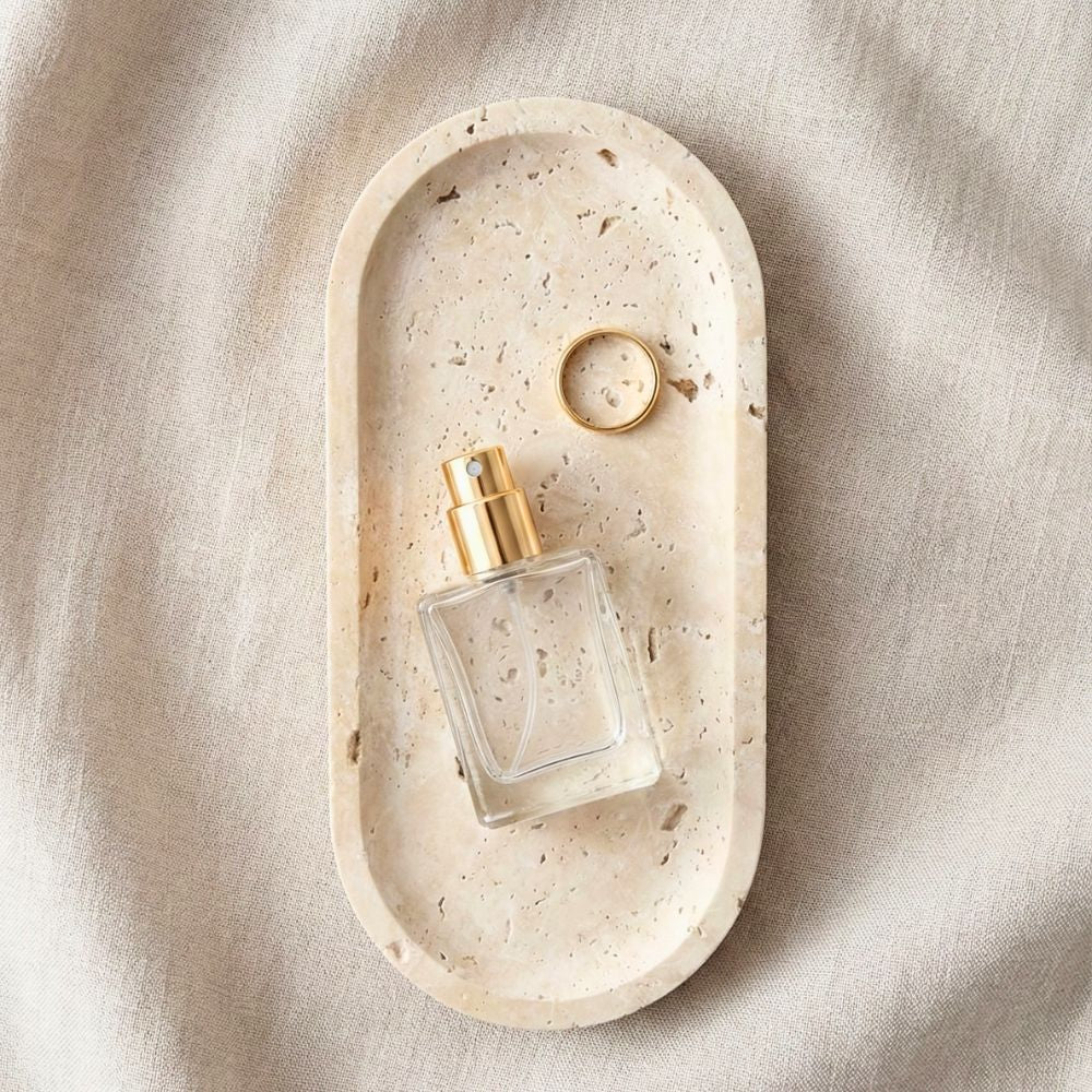 Natural Travertine Oval Marble Tray – Beige Stone Vanity Tray for Jewellery, Perfume & Makeup, Decorative Organizer for Coffee Table, Bathroom Counter & Home Decor