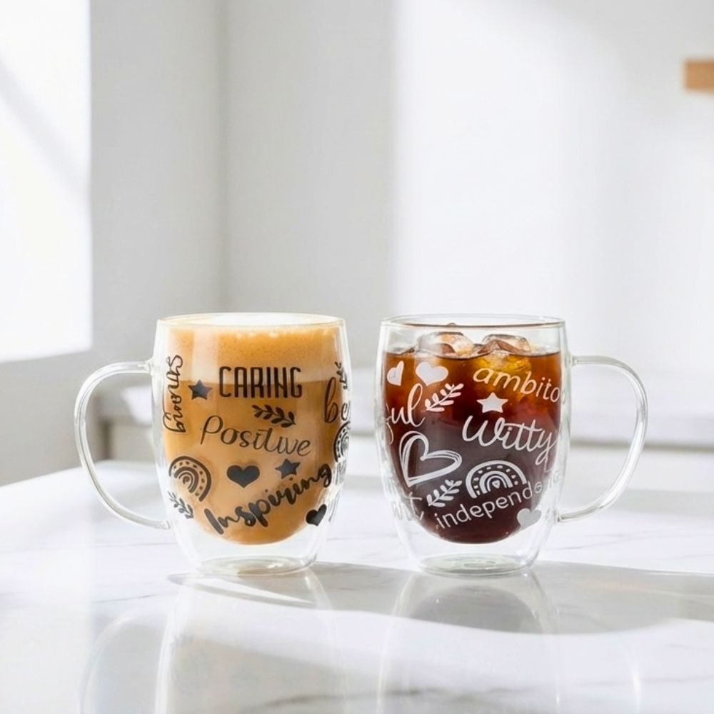 Borosilicate Double Wall Themed Coffee Cup with Handle and Straw 350 ML (Set of 2), Double Insulated Glass Cup for Hot Cold Beverages, Cappuccino (Positive Quotes)