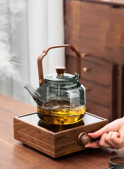 1Chase Borosilicate Glass Teapot – Smokey Grey 1000 ML, Heat-Resistant with Acica Wooden Handle & Strainer – Compatible with Electric Stoves