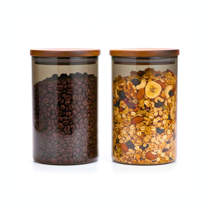 Borosilicate Glass Storage Jar Smoky Grey 900 ML - (Set of 2) | Airtight Food Container with Acacia Wooden Lid | Durable & Stylish Kitchen Storage