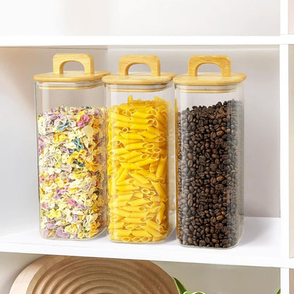 Square Glass Storage Jars with Acacia Wood Lids – Set of 2 (1500ml) Airtight Pantry Containers with Handle Lids for Pasta, Oats, Flour, Cookies, Coffee, Rice & More