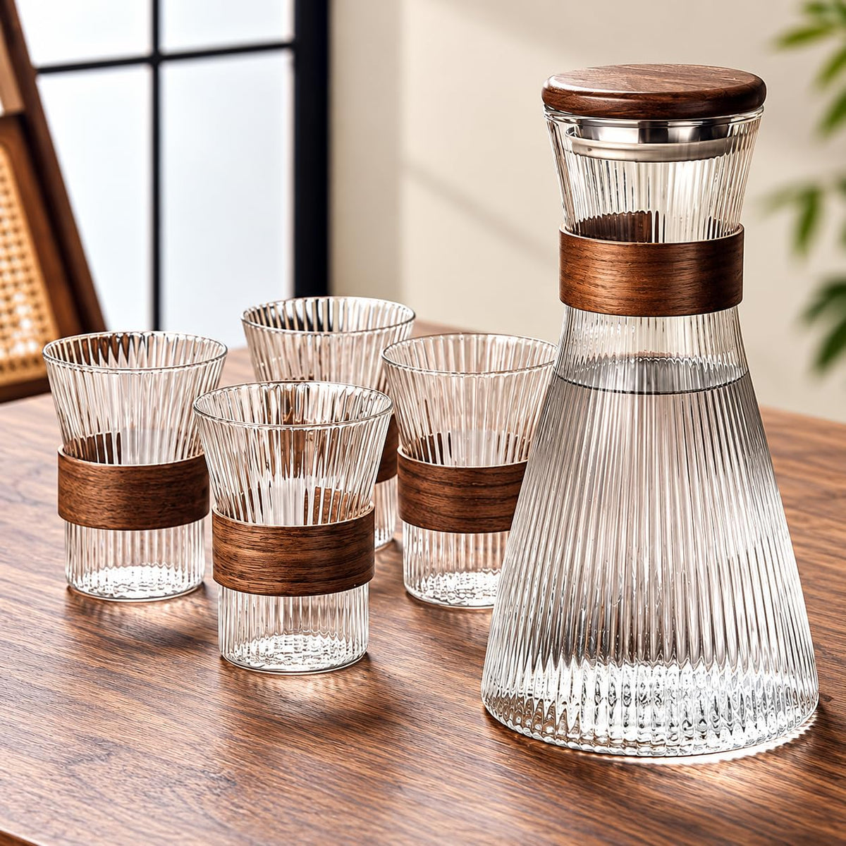 Water and Drinks Carafe 1500ml with 4 Glasses 350ml , Ribbed Drinking Set