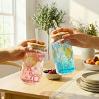 450ML Sipper Glass with Bow Print Set of 4, Mason Jar with Bamboo Lids & Glass Straws