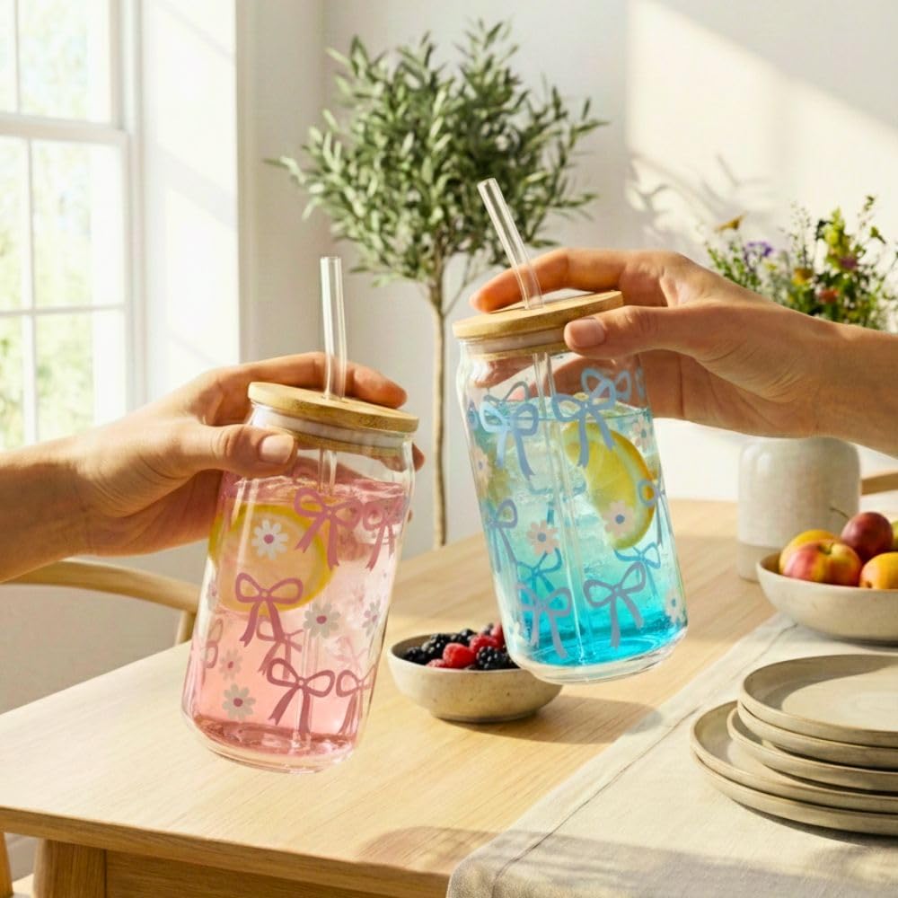 450ML Sipper Glass with Bow Print Set of 4, Mason Jar with Bamboo Lids & Glass Straws