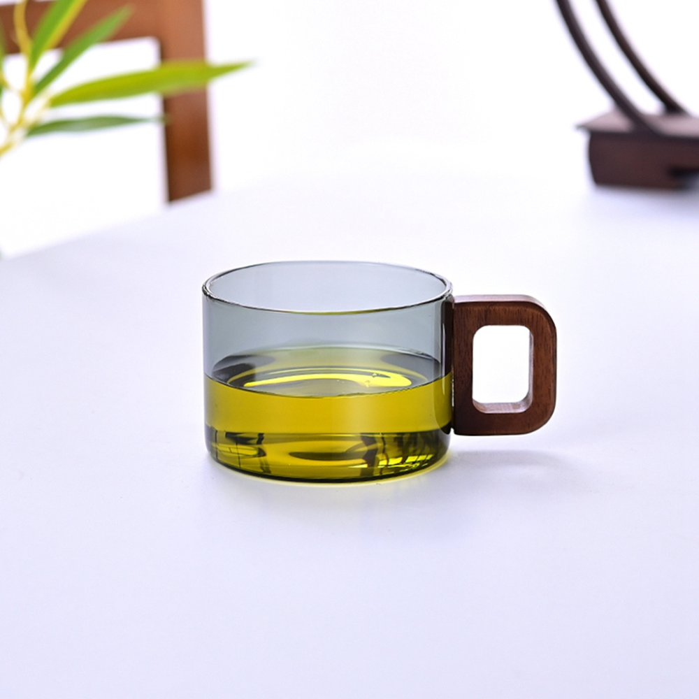 Borosilicate Glass Cups – Smoky Grey (Set of 4) | 200ml | Walnut Acacia Wooden Handle | Heat-Resistant & Elegant Glassware for Tea, Coffee & More
