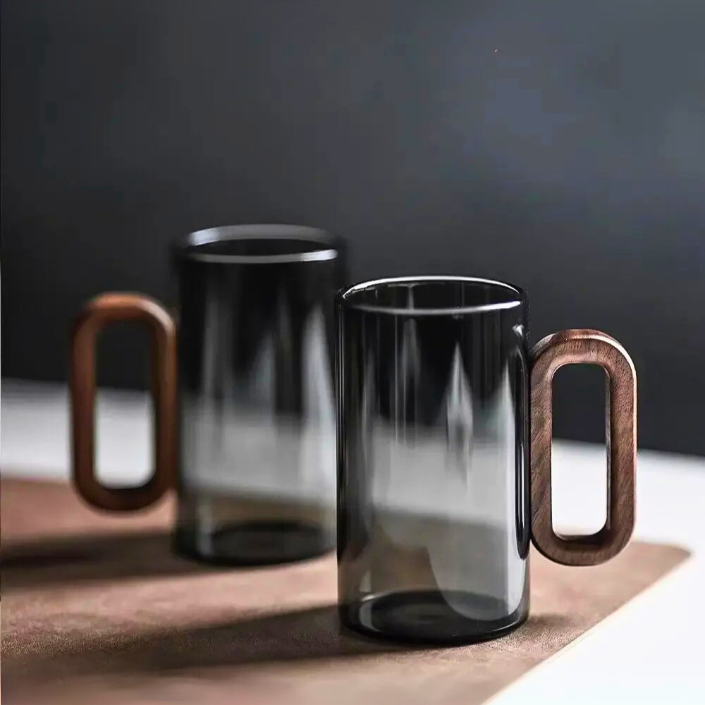 Smoky Grey Borosilicate Glass Mugs with Walnut Acacia Wooden Handle – 350ML (Set of 2)