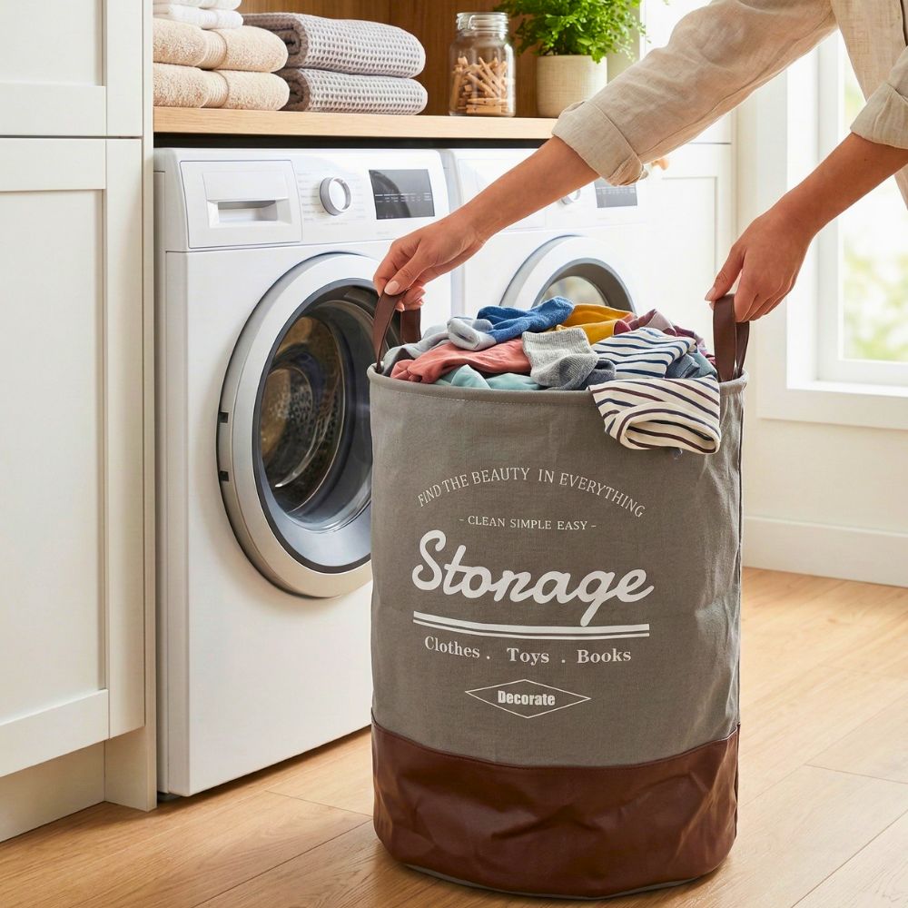 Round Foldable Laundry Basket with Leather Base – 60L
