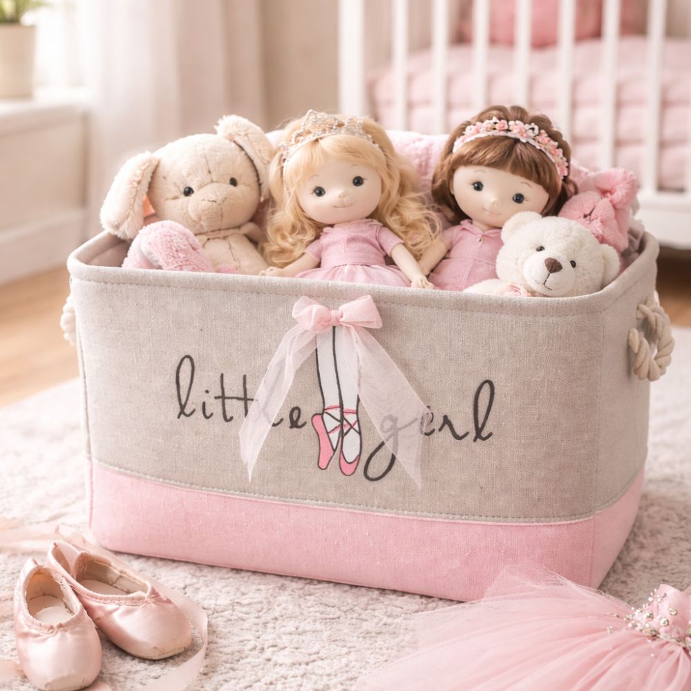Kids Ballet Bow Rectangular Storage Basket 50L (40x28x24cm) – Foldable Canvas Toy & Laundry Organizer with Rope Handles for Nursery, Bedroom & Playroom