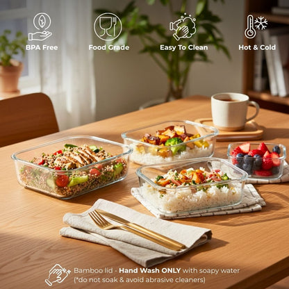 Borosilicate Glass Food Storage Containers with Bamboo Lids, 3 Sizes 400ML 700ML 1000ML, Airtight BPA-Free Meal Prep & Lunch Boxes, Reusable Plastic-Free Containers
