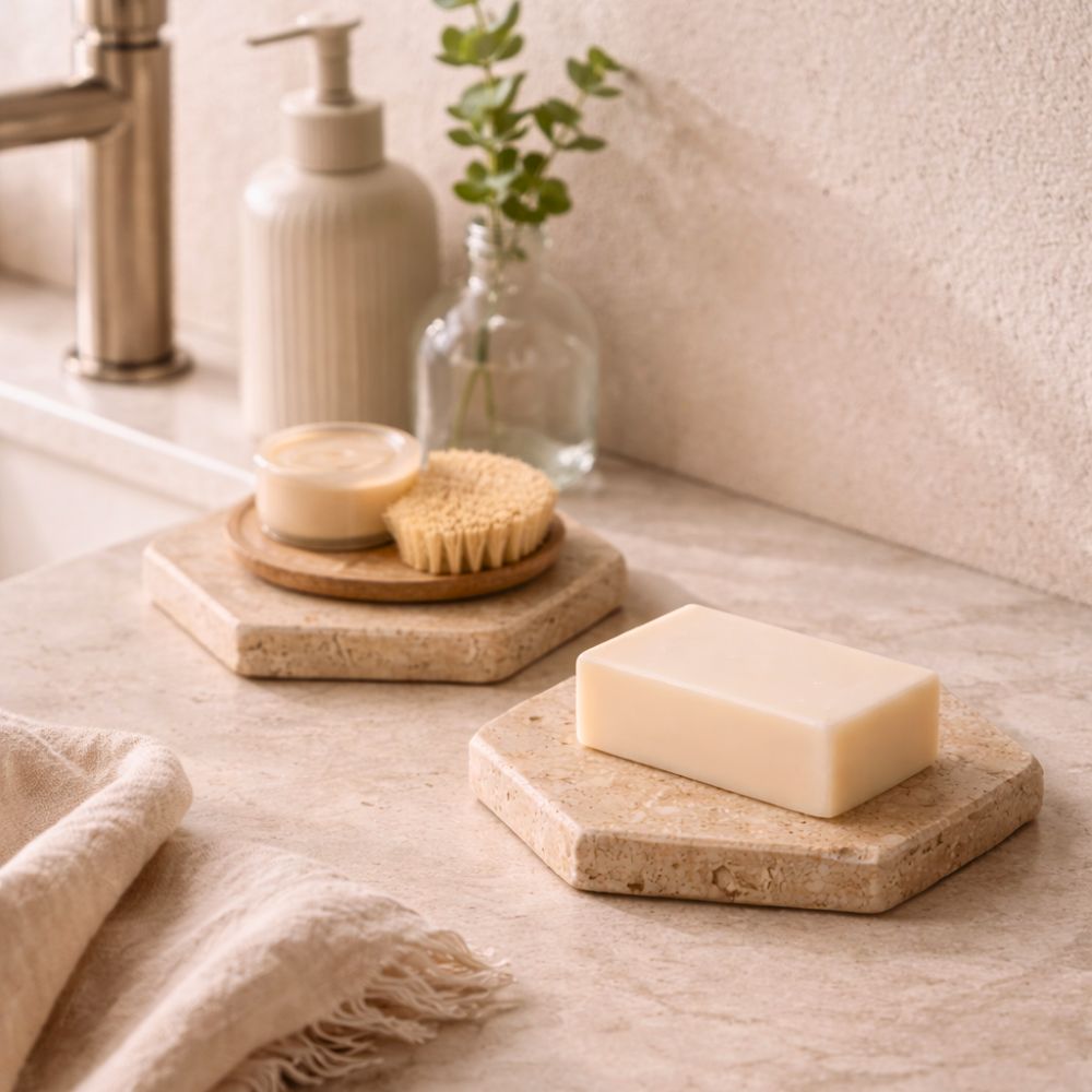 Travertine Coasters Set of 4, Natural Marble Hexagon Drink Coasters, Absorbent Stone for Coffee Table, Dining Table & Home Décor