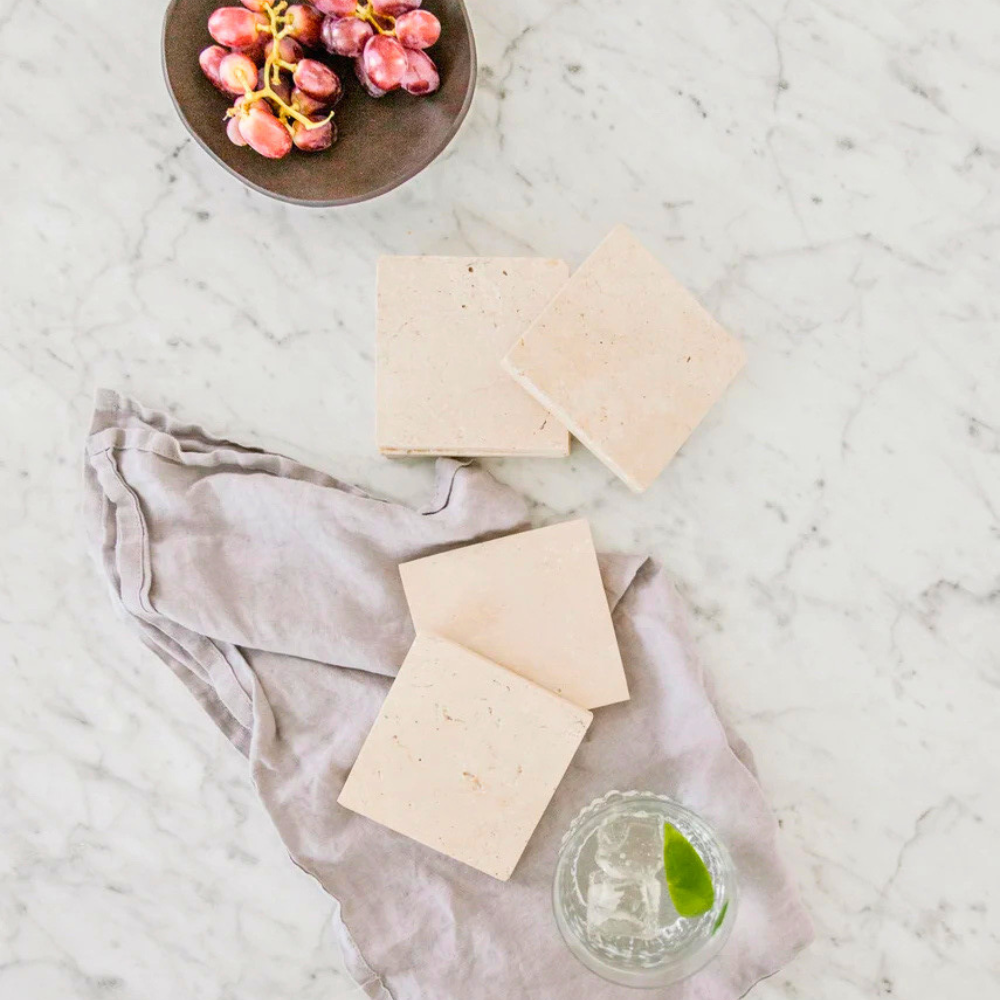 Natural Travertine Marble Coasters – Set of 4 (10x10cm) | Premium Travertine Marble Drink Coasters for Home & Office