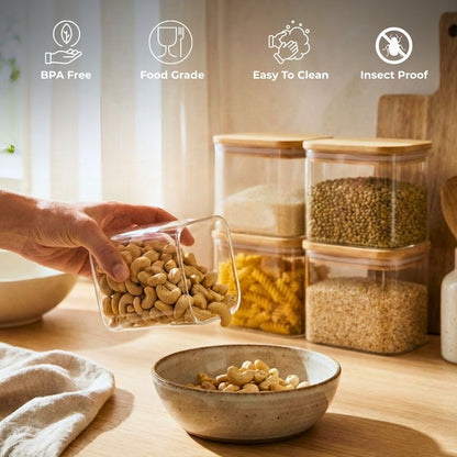 Rectangle Glass Storage Containers with Bamboo Lids – Set of 4, 900ml Borosilicate Glass Jars for Pantry Storage, Airtight Food Containers for Sugar, Coffee, Pasta, Tea, Candy & Nuts