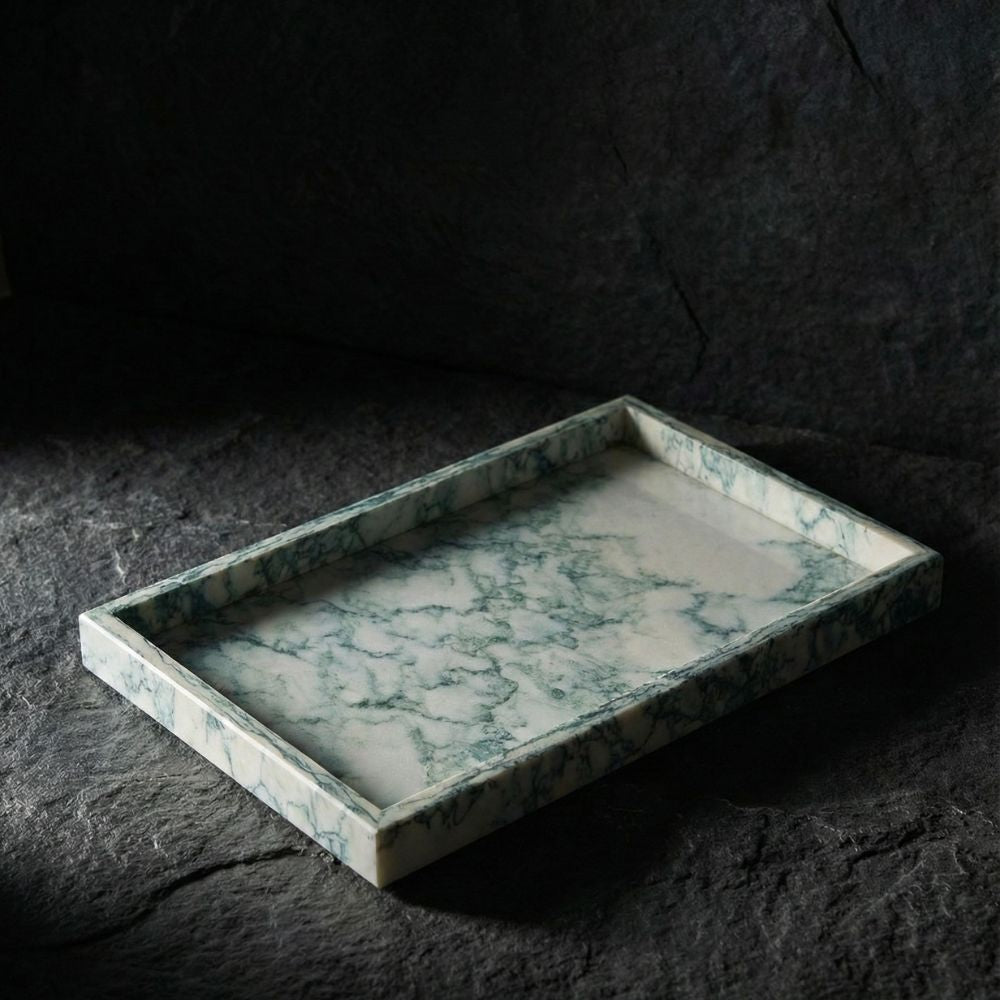 Green Marble Stone Decorative Tray 30x20CM Rectangular Vanity Organizer, Luxury Jewellery & Bathroom Counter Tray, Kitchen & Dining Table Décor