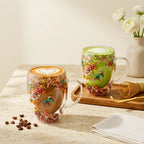 Double Wall Dry Flower Glass Coffee Cups with Handle 350ML – Set of 2