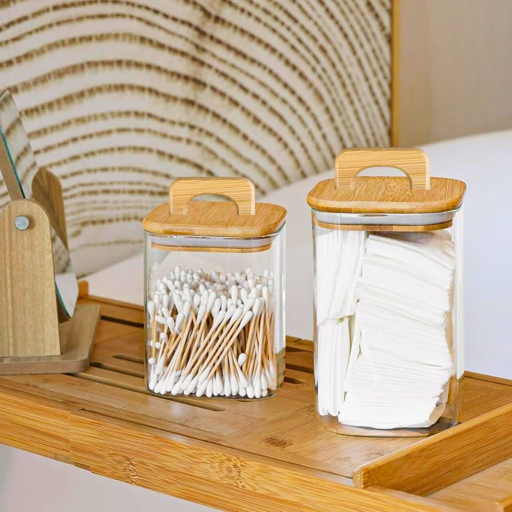 Square Glass Storage Jars with Acacia Wood Lids – Set of 2 (900ml) Large Pantry Containers with Handle Lids for Pasta, Oats, Flour, Cookies, Coffee, Rice & More