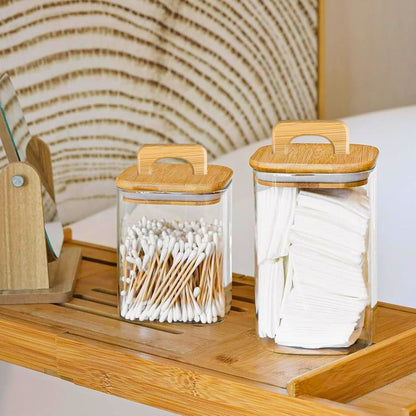 Square Glass Storage Jars with Acacia Wood Lids – Set of 2 (900ml) Large Pantry Containers with Handle Lids for Pasta, Oats, Flour, Cookies, Coffee, Rice & More