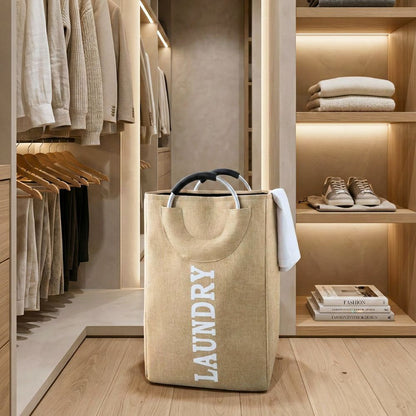 Foldable Laundry Basket with Handle, 30x20x50cm, 55Ltr, Large Capacity, Waterproof, Dirty Clothes Storage Bag, Space Saving, Beige