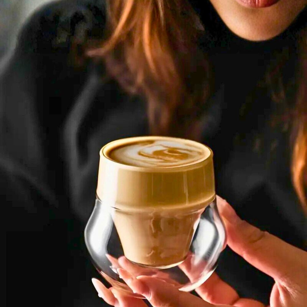 1CHASE Double Wall Insulated Coffee Glass Cup Set, 100ml, Borosilicate Heat Resistant, Modern Curved Design for Hot and Cold Beverages, 2 Piece