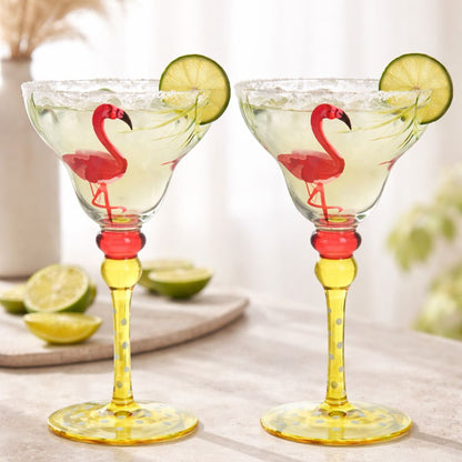 Hand Painted Margarita Glasses Moroccan Collection, Flamingo Design 270ML Set of 2, Artisan Decorative Cocktail Glassware, Unique Kitchen Table Décor Glasses
