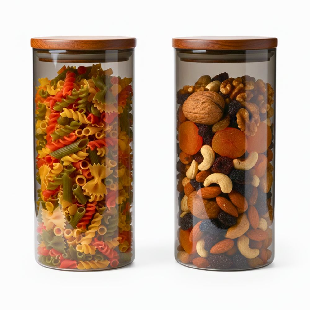 Borosilicate Glass Storage Jar Smoky Grey 1300 ML - (Set of 2) | Airtight Food Container with Acacia Wooden Lid | Durable & Stylish Kitchen Storage