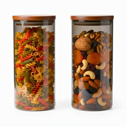 Borosilicate Glass Storage Jar Smoky Grey 1300 ML - (Set of 2) | Airtight Food Container with Acacia Wooden Lid | Durable & Stylish Kitchen Storage